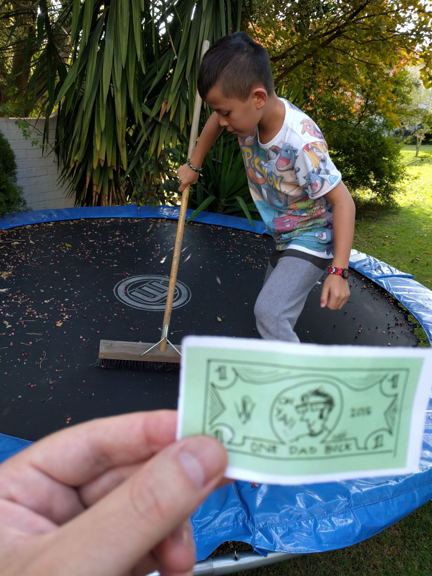 Andrew sweeping the trampoline for a Dad buck